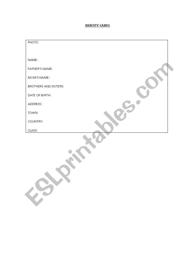 identity cards worksheet