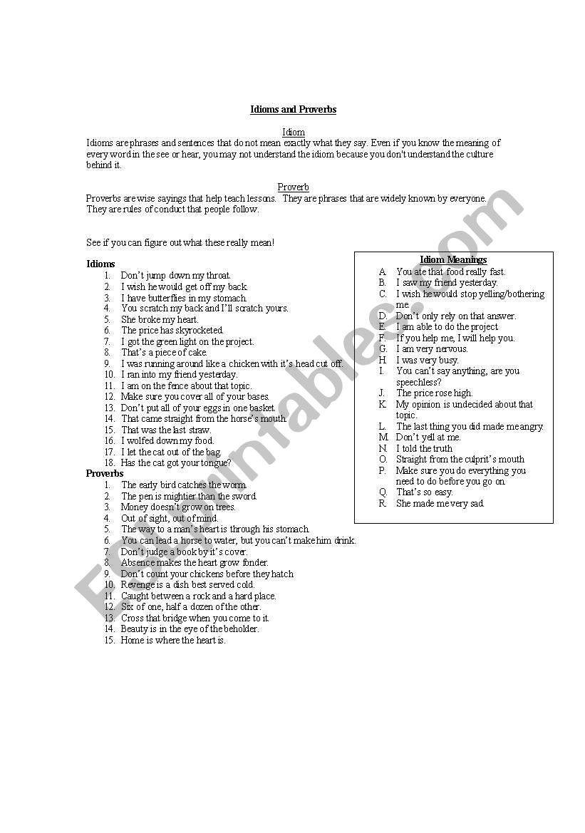 Idioms and Proverbs worksheet