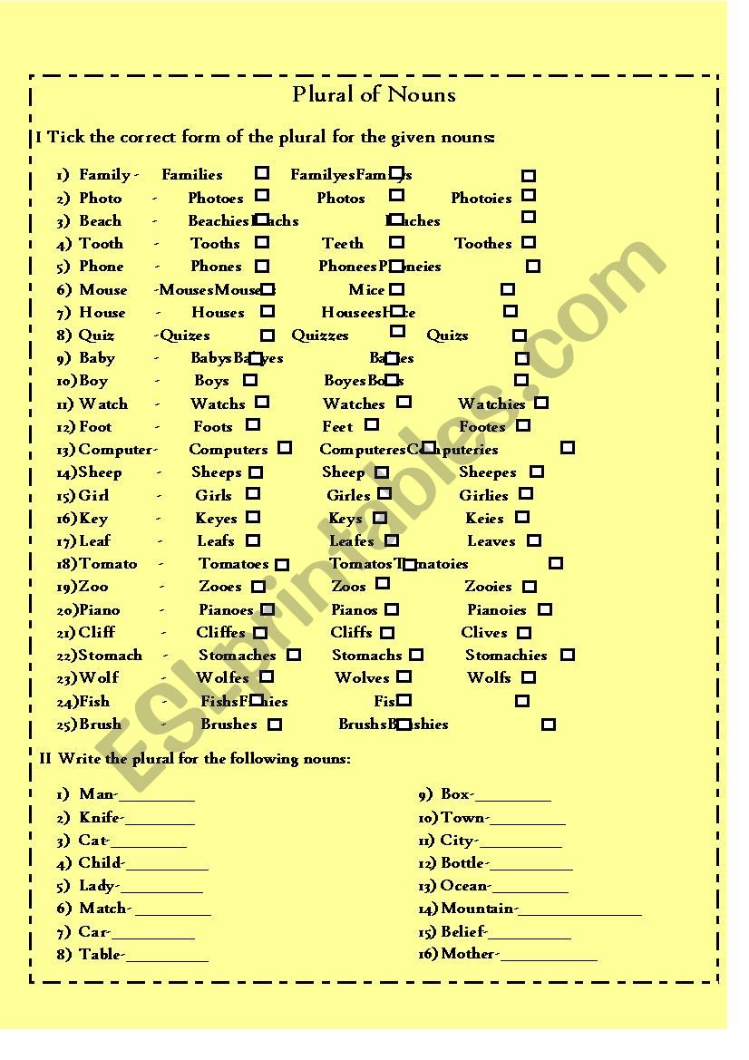 Plural Of Nouns exercises ESL Worksheet By MsZoka