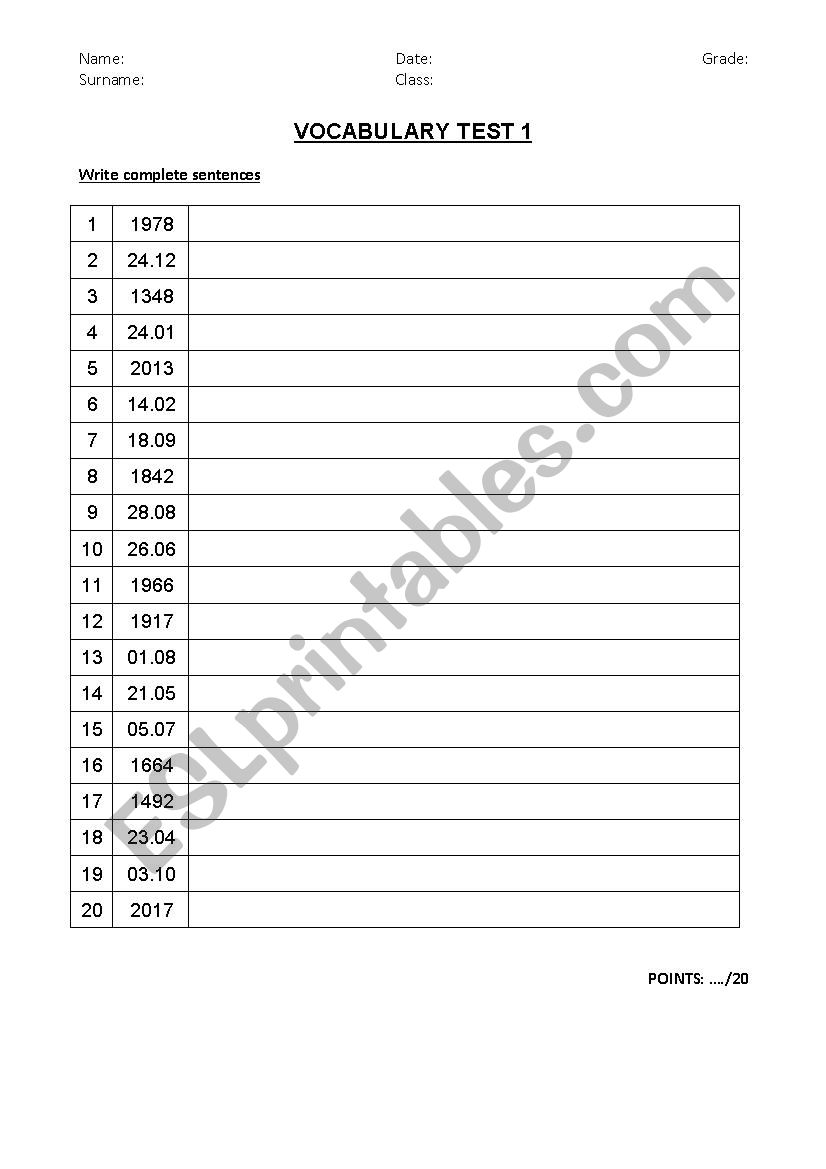 dates test worksheet