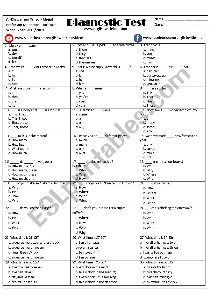 English Language Diagnostic Test ESL Worksheet By Simaobougama