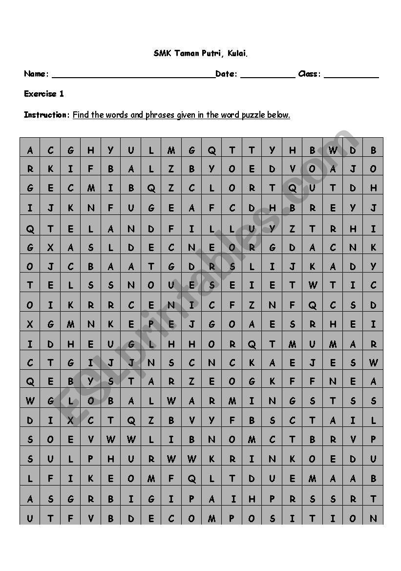 word puzzle on environment. worksheet