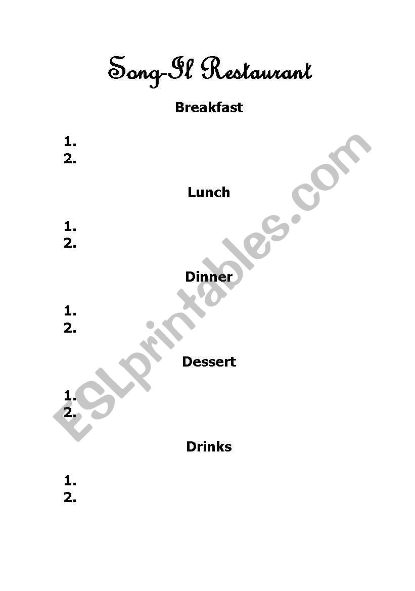 Restaurant - Create a Menu worksheet