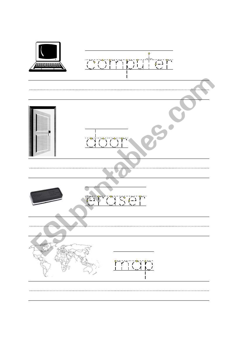 Classroom vocabulary: computer, door, eraser, map