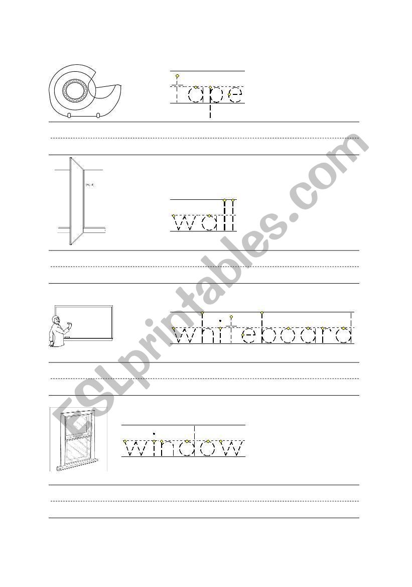 Classroom vocabulary: tape, wall, whiteboard, window