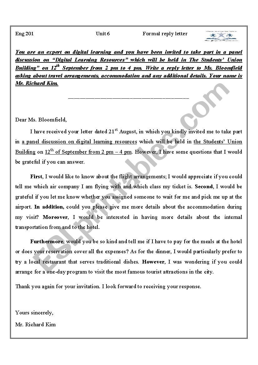 formal reply letter - ESL worksheet by amoor21