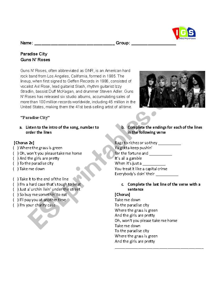 Paradise City song worksheet