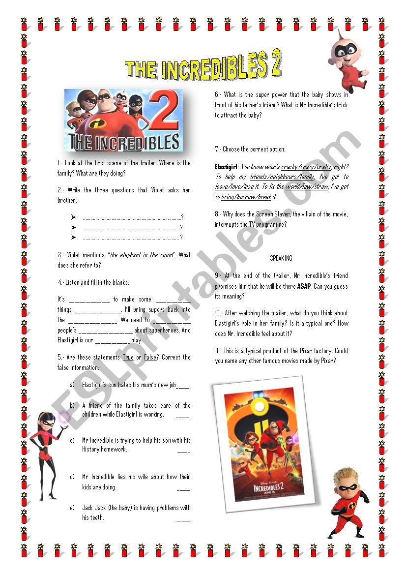 The Incredibles Esl Worksheet By Britania