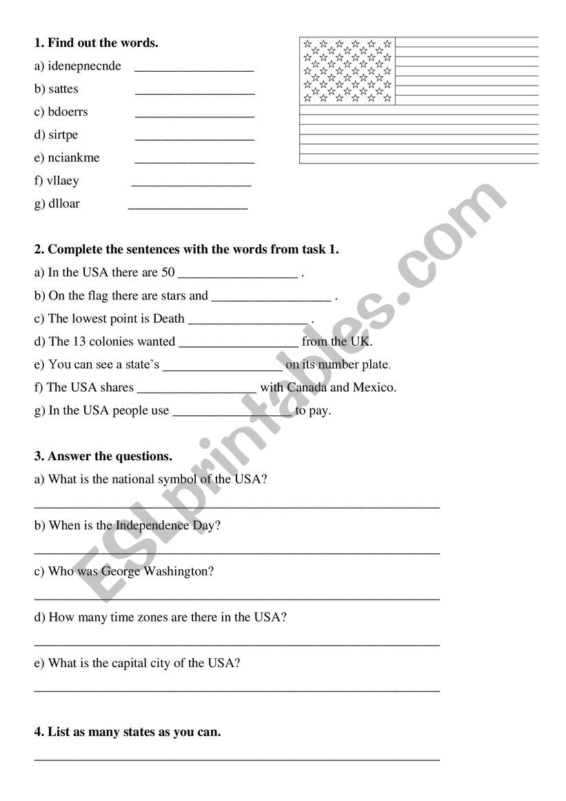 The USA worksheet