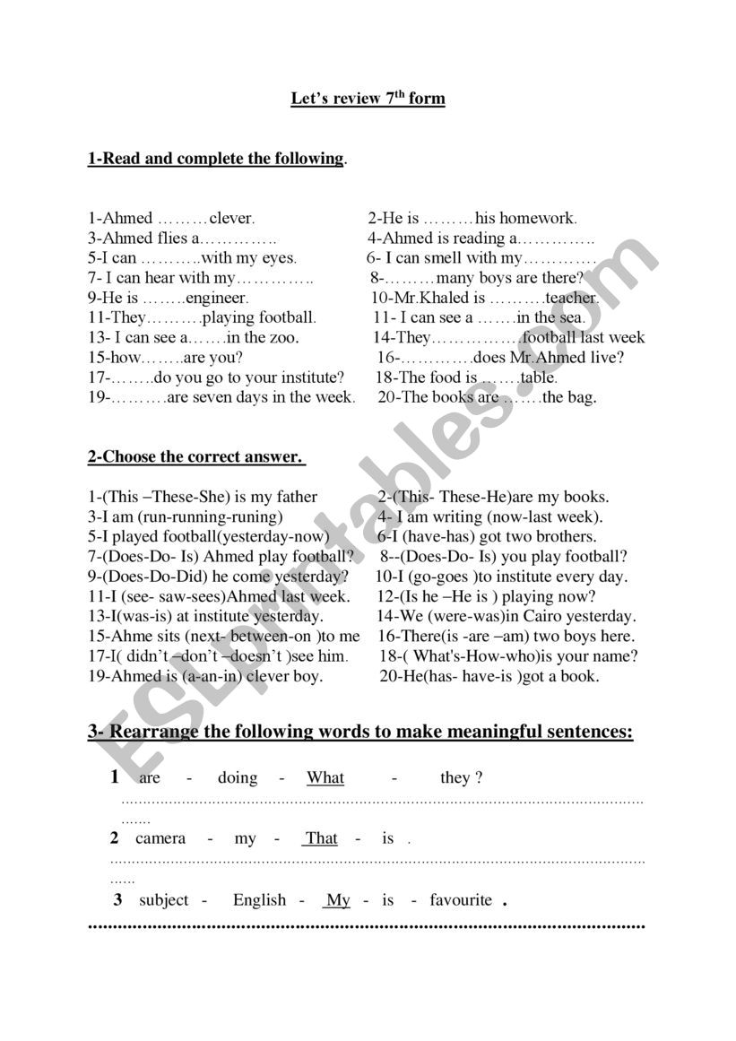 lets review 7th form worksheet