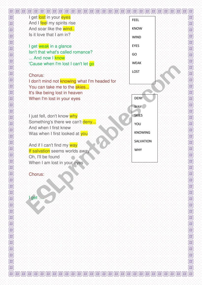 lost in your eyes worksheet