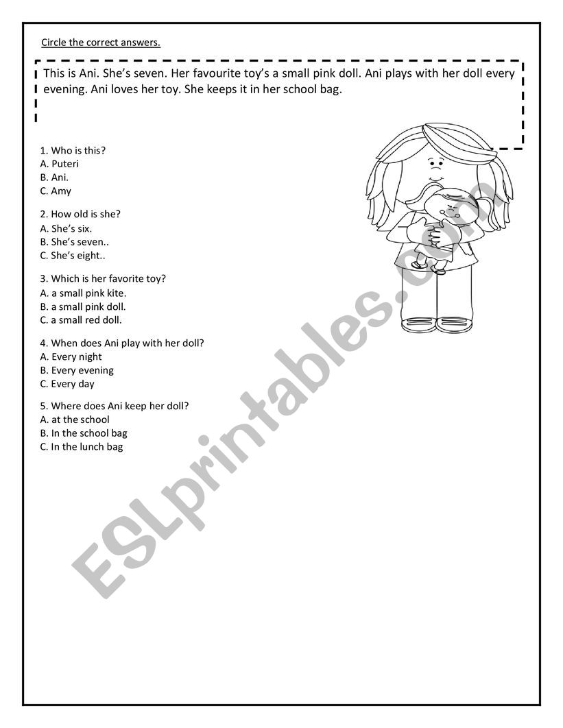 MCQ primary 1- favourite toy worksheet
