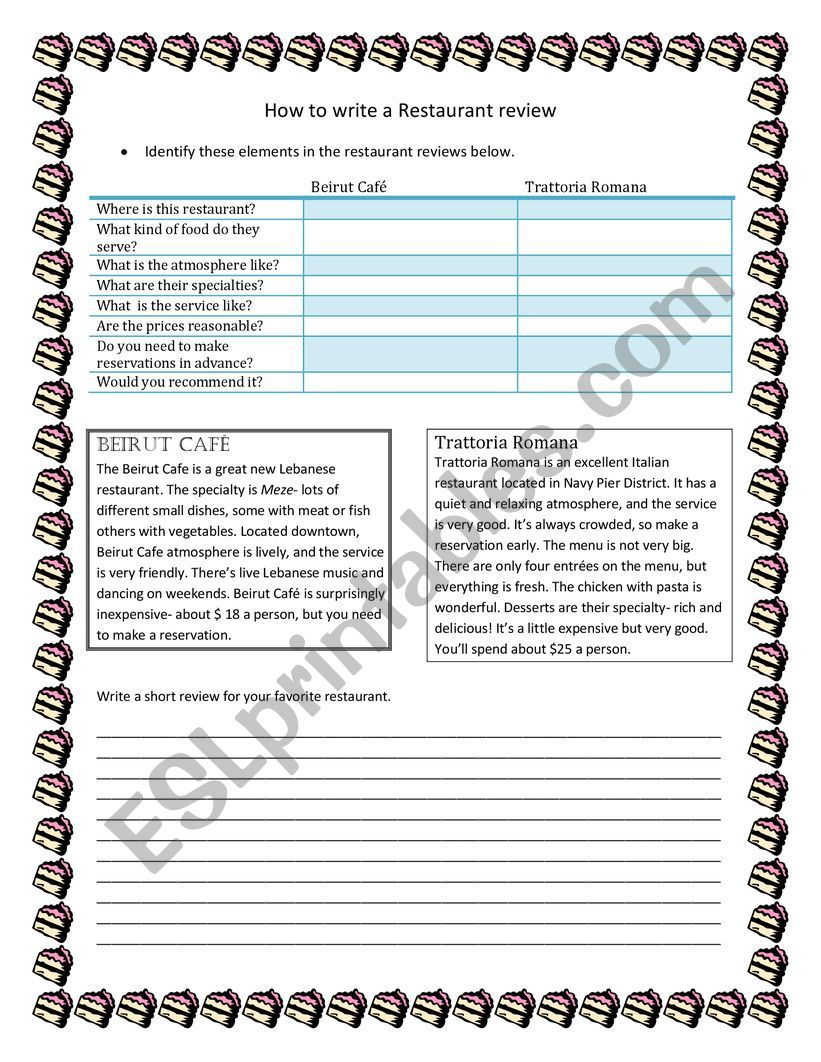 Restaurant Reviews worksheet