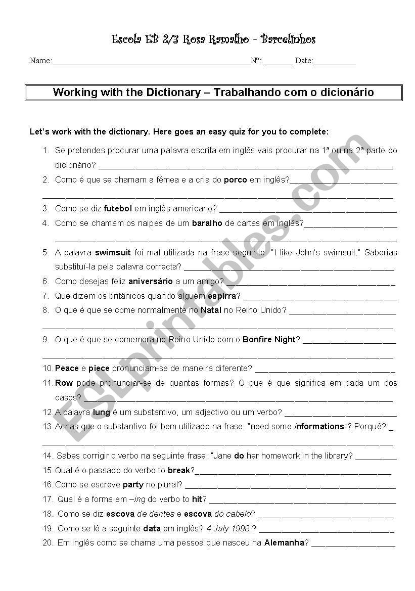 Working with the dictionary worksheet