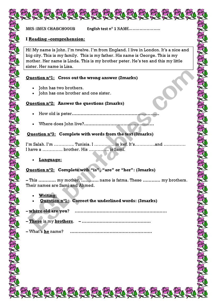 engish test for beginners worksheet