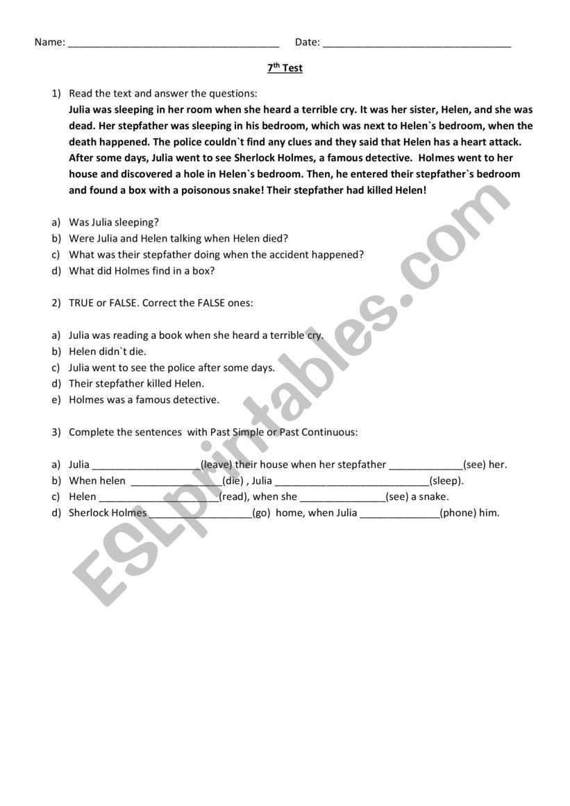 Past Simple And Past Continuous Test Esl Worksheet By Wally87 