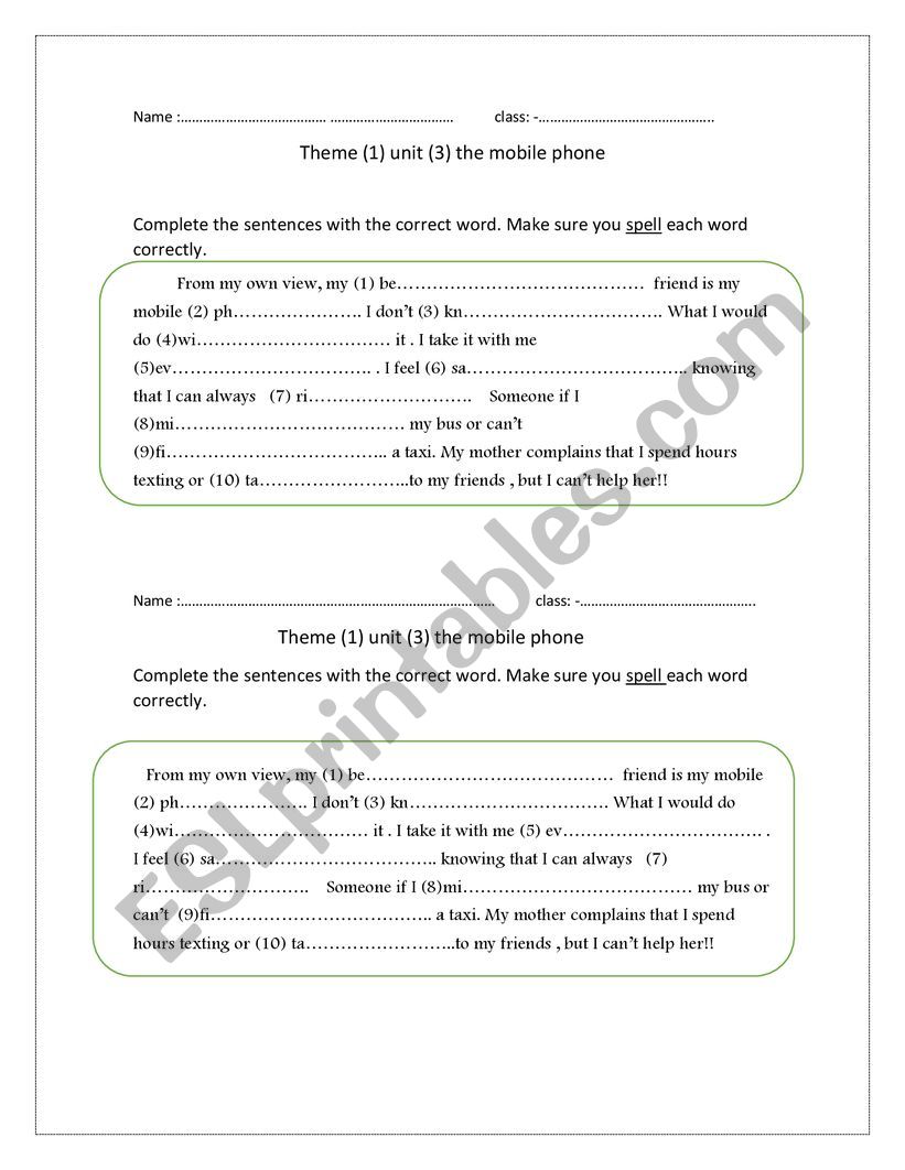 Mobile phone worksheet