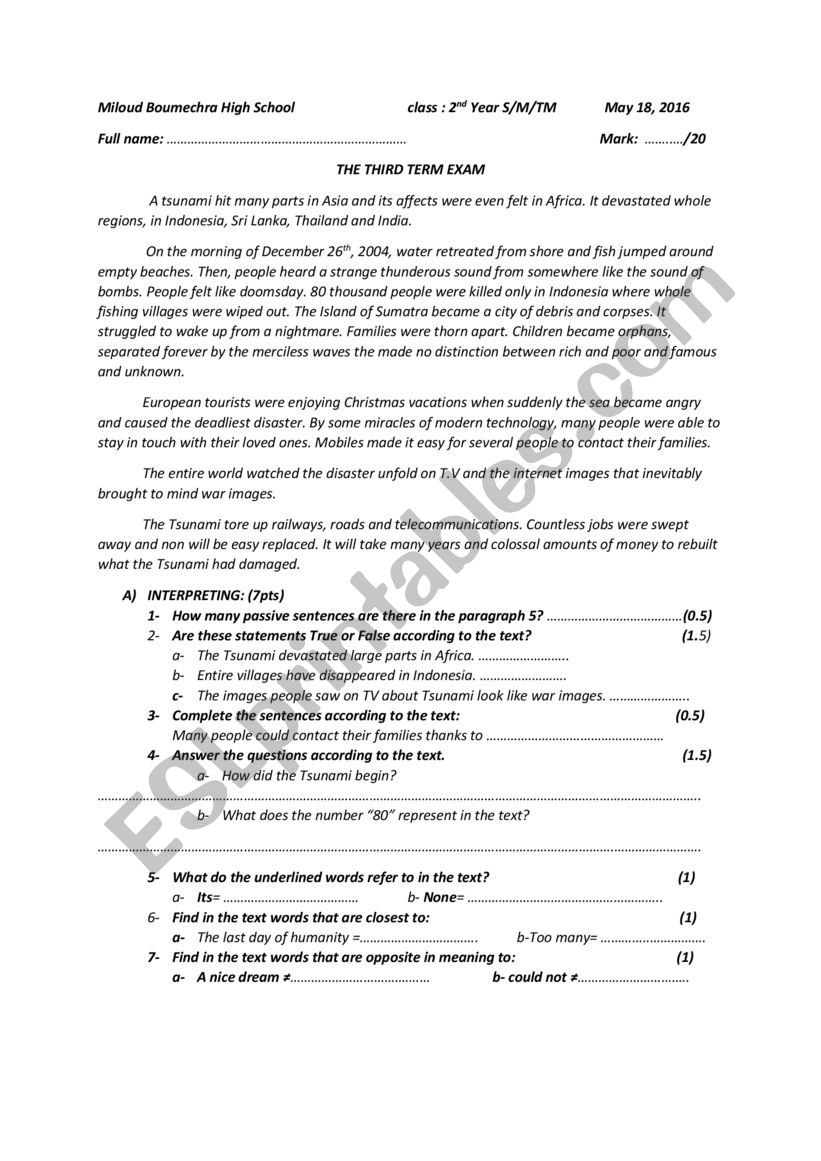 TEST ABOUT NATURAL DESASTERS worksheet