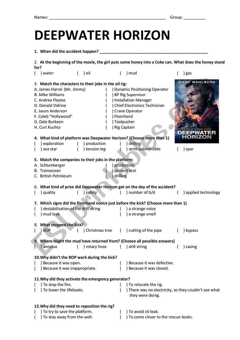 Deepwater Horizon movie worksheet