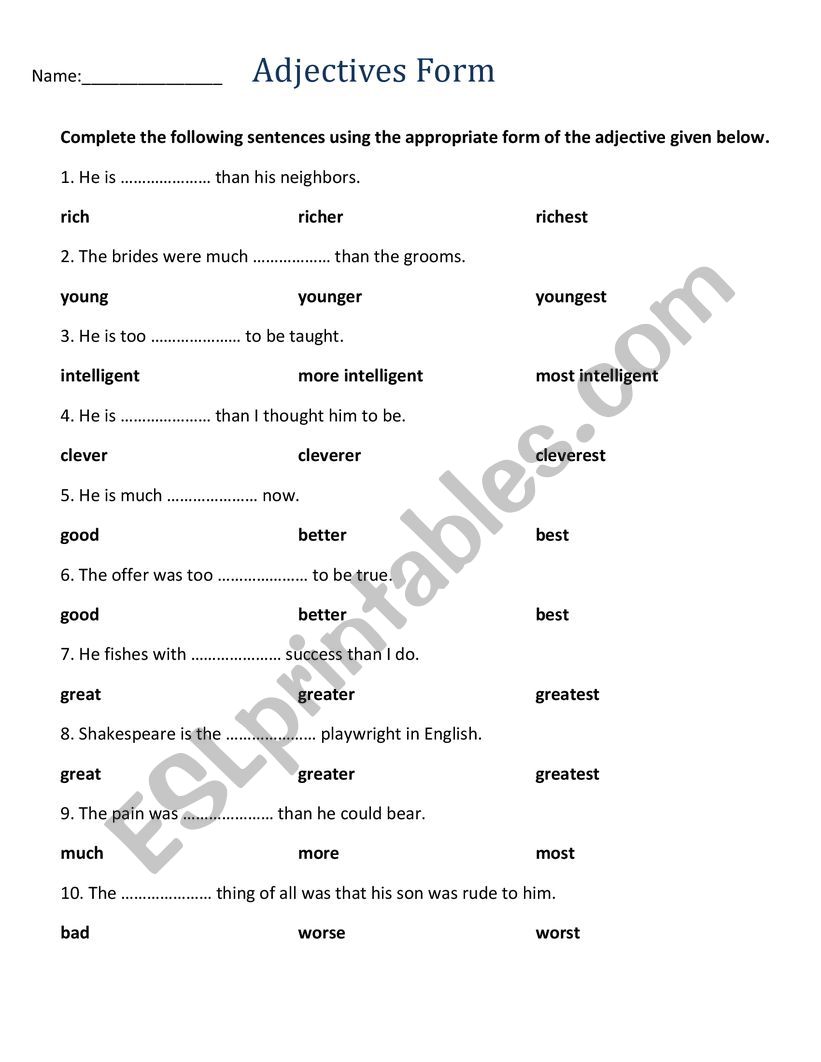 Adjective Forms ESL Worksheet By Nour93abbass