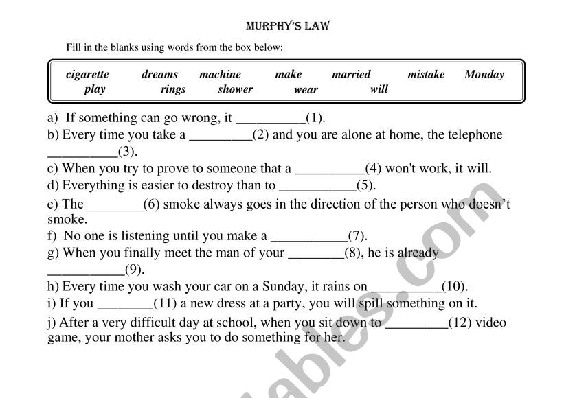 Murphy´s Law Esl Worksheet By Andressmartin 