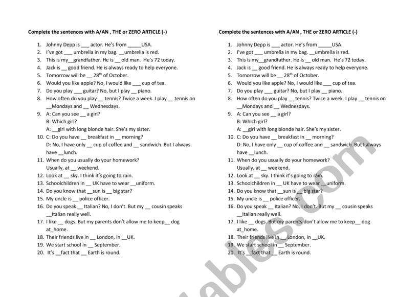 a, an, the and zero article worksheet