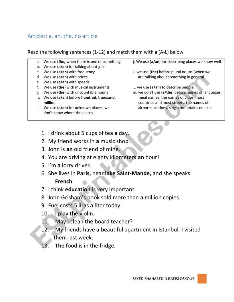 Articles worksheet