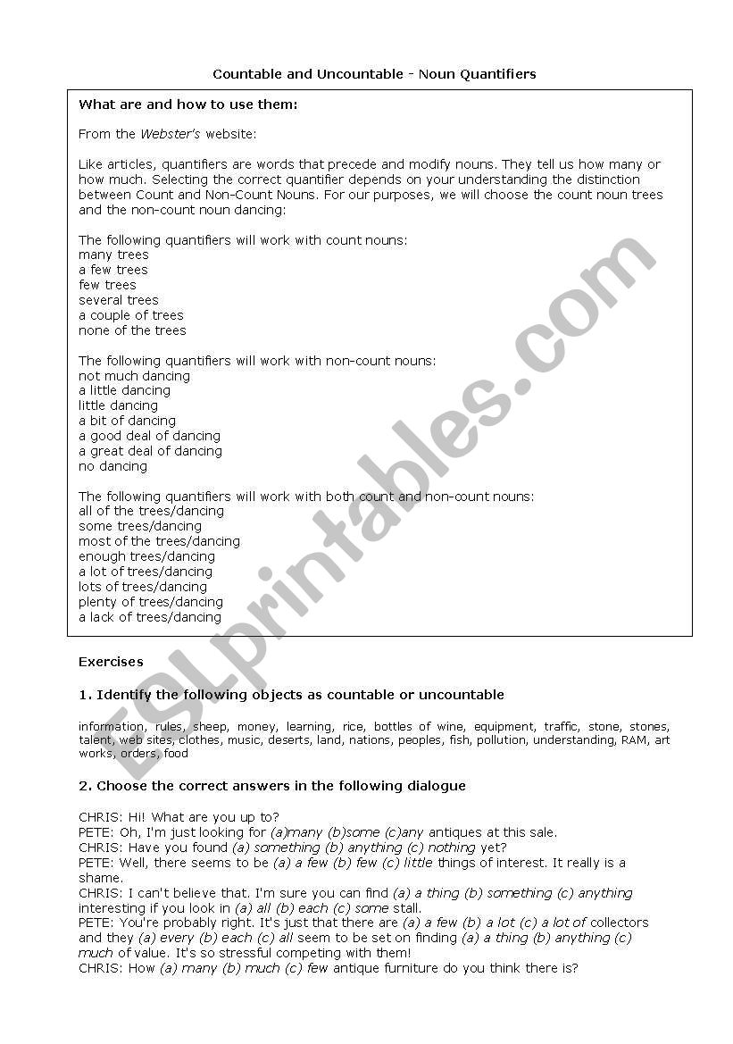 Exercises for countables worksheet