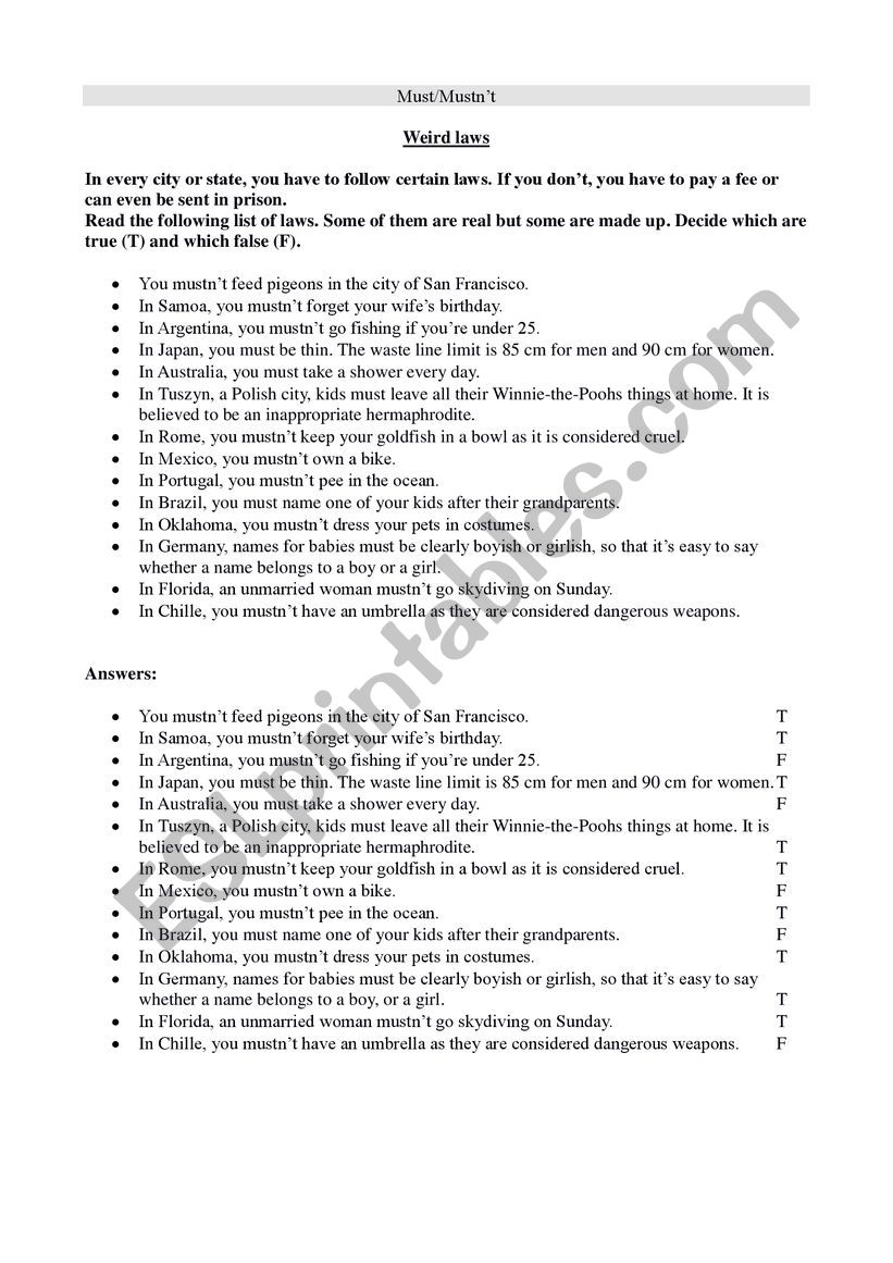 Weird laws worksheet