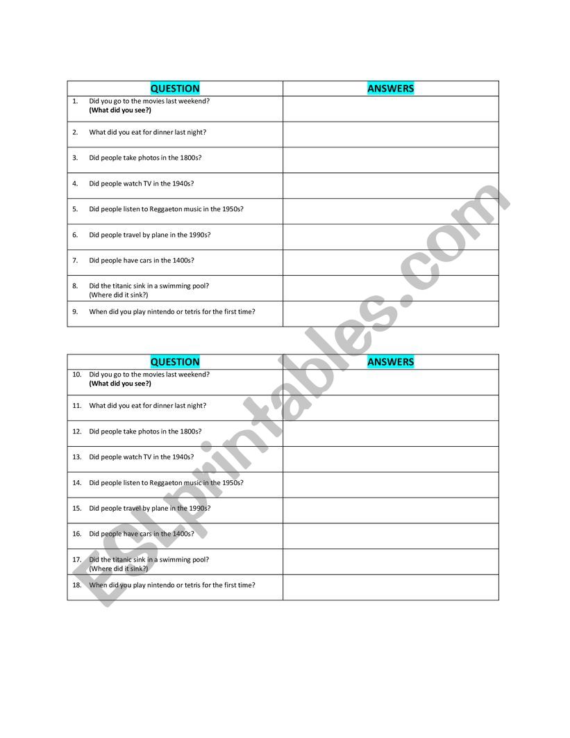 simple past yes no questions did esl worksheet by adricolombo