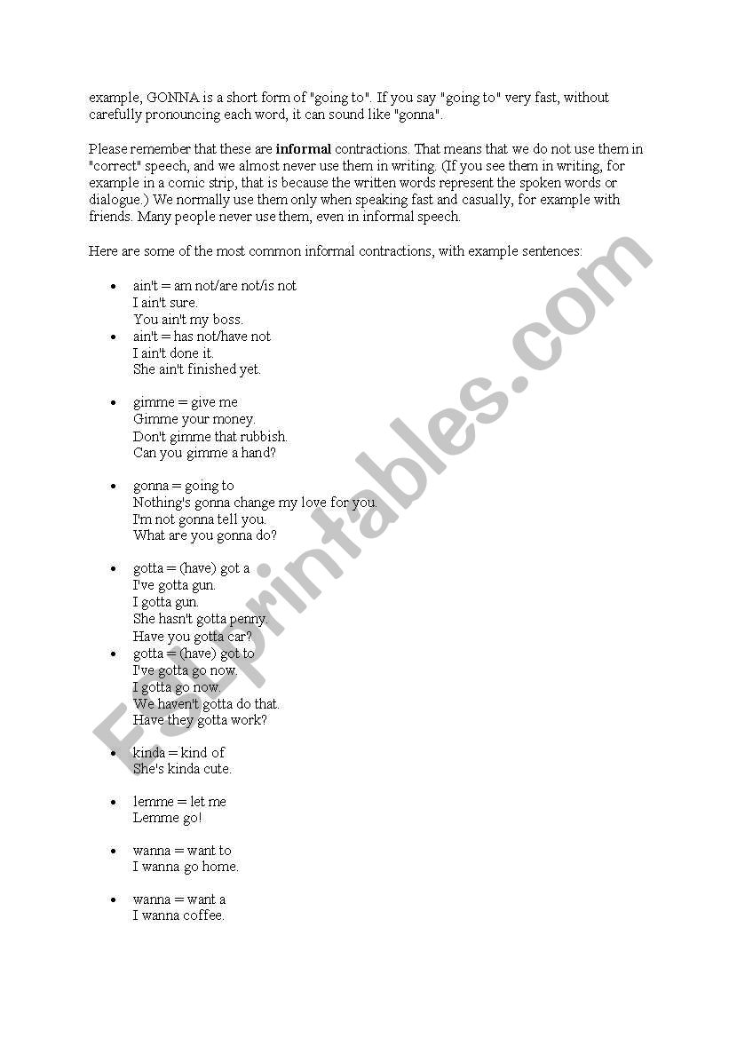 Contractions worksheet