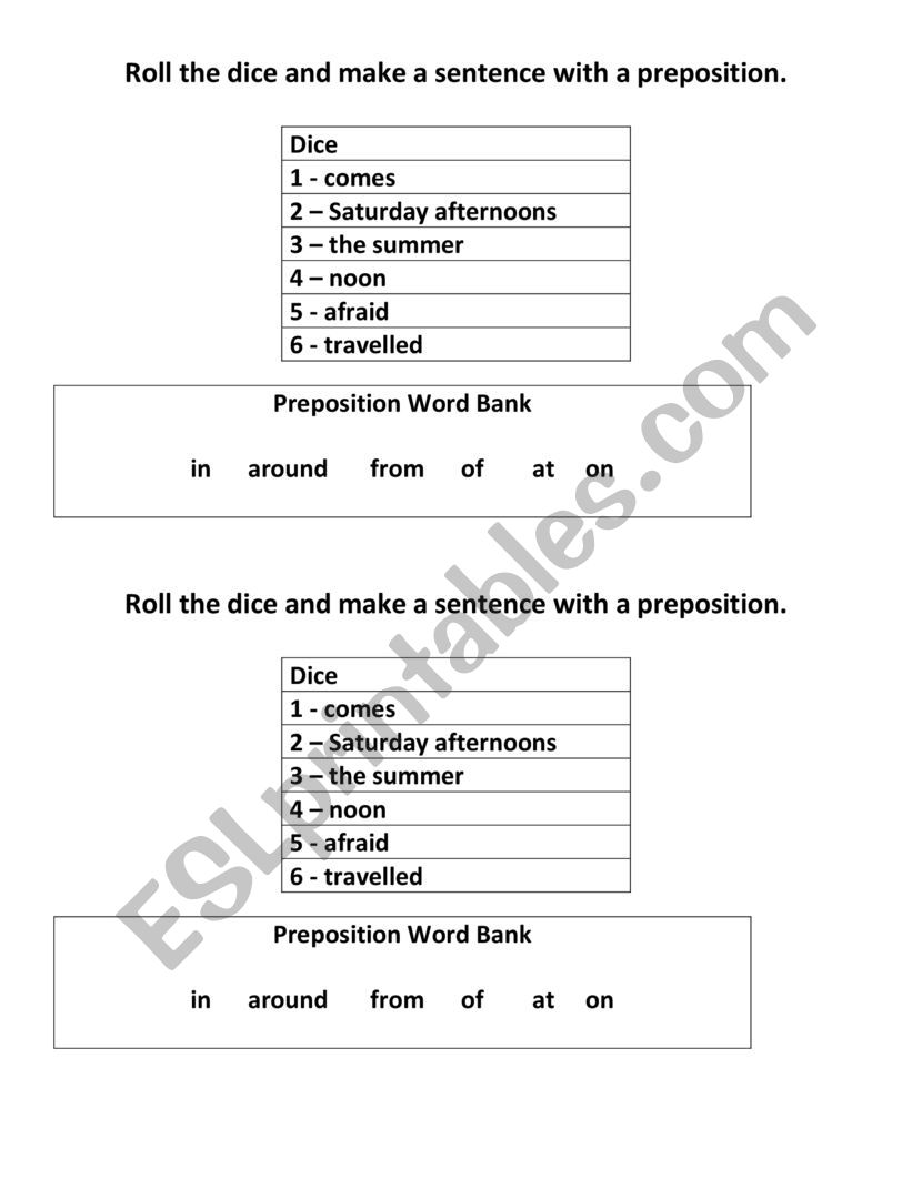 Preposition Dice Game worksheet