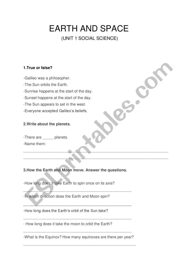 Earth and Space worksheet