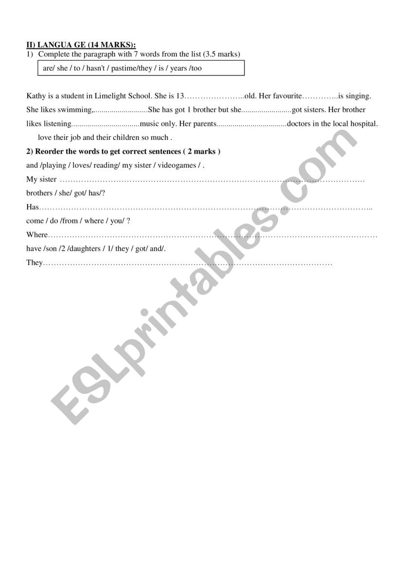 language 7th form mid test 1 worksheet