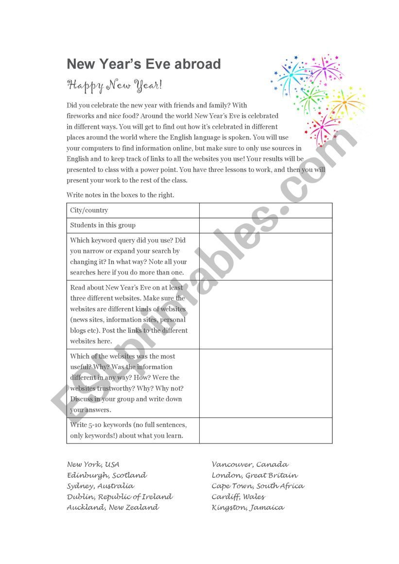 New Years Eve abroad worksheet