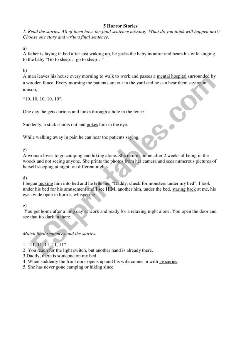 5 horror stories worksheet