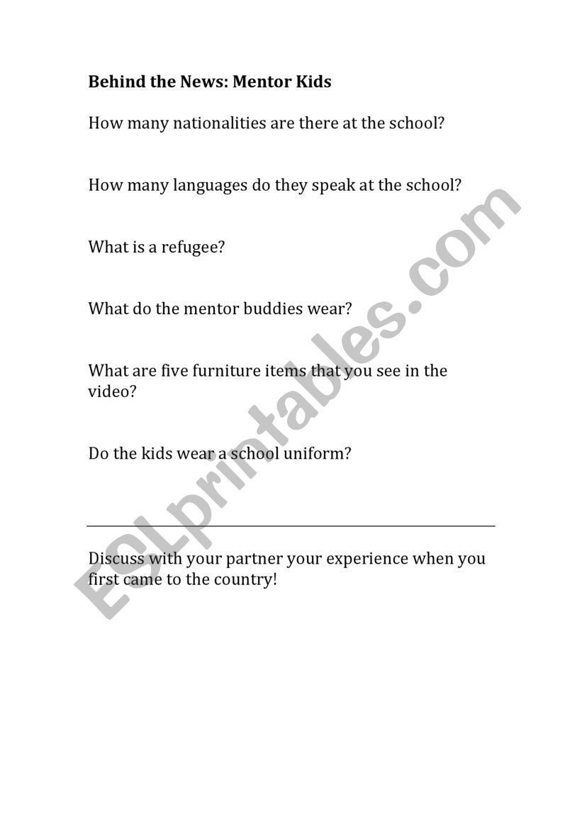 Behind the News: Mentor Kids worksheet