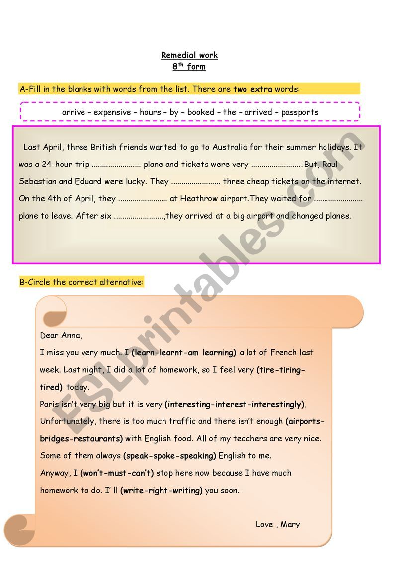 Remedial work 8th form  worksheet