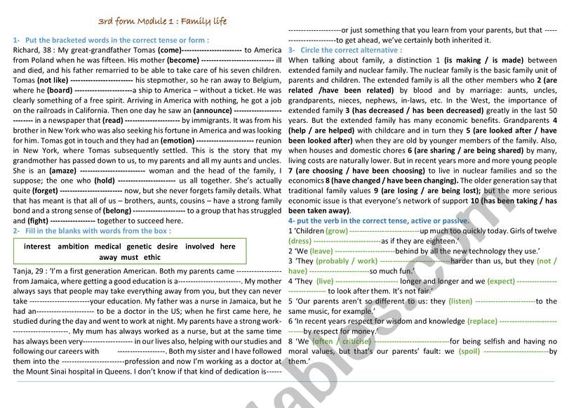 Third form family life  worksheet