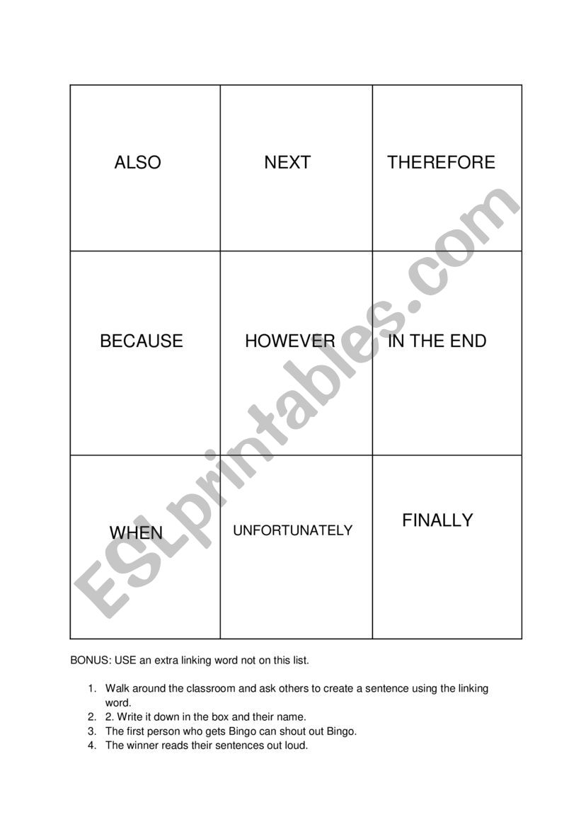 Linking words Bingo worksheet