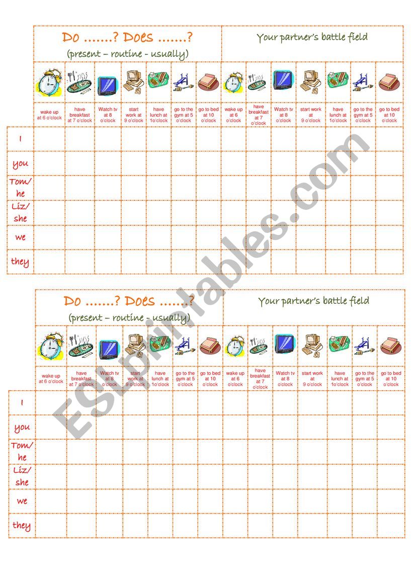 Present Simple battleship worksheet