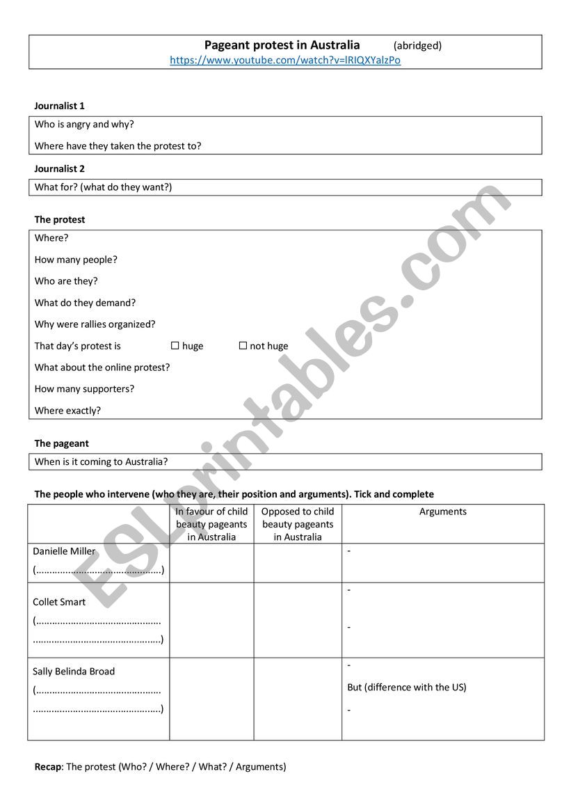Pageant protest in Australia worksheet