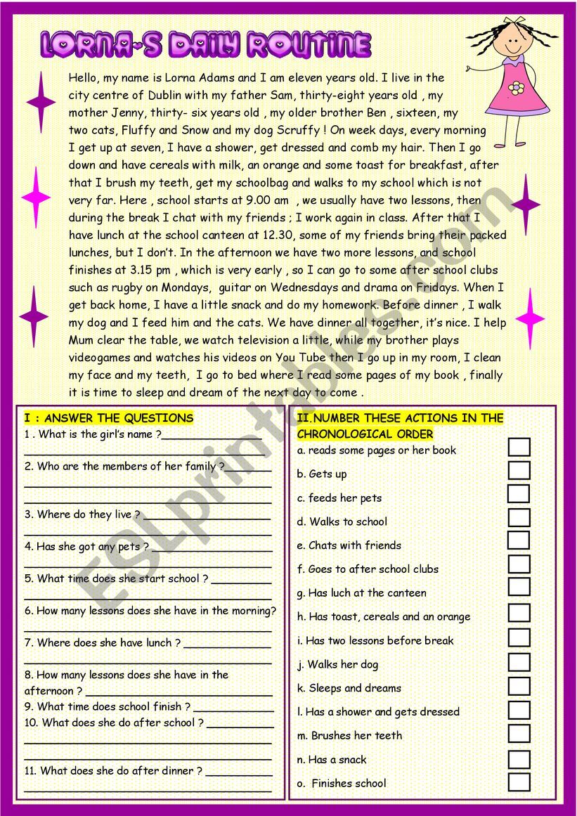 Lorna´s routine+ 5 present simple exercises - ESL worksheet by spied-d ...