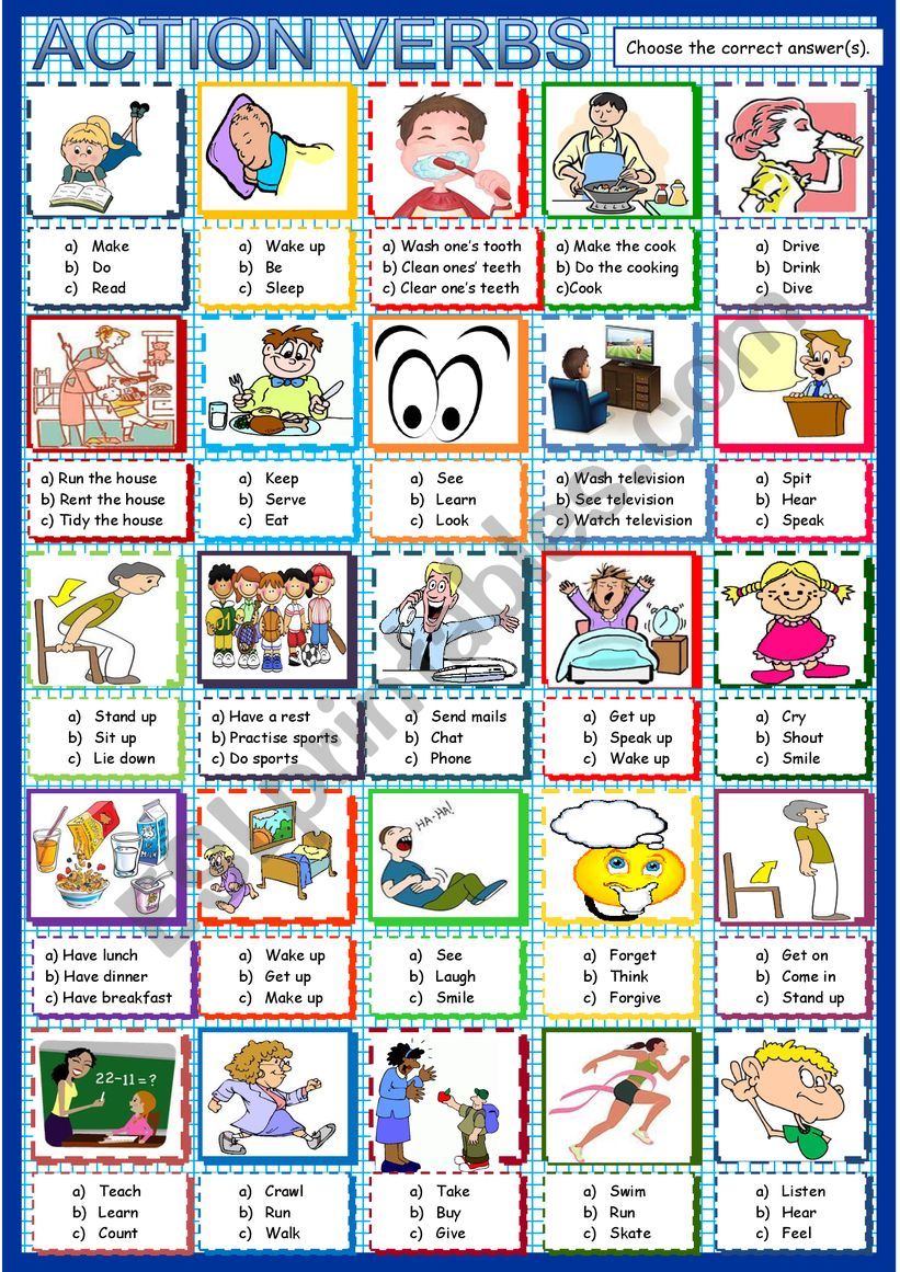 Action Verbs Multiple Choice ESL Worksheet By Spied d aignel