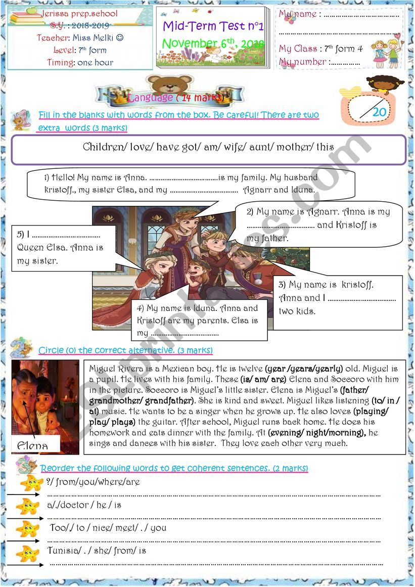 Mid-term test n°1 7th form - ESL worksheet by English-teacher 38