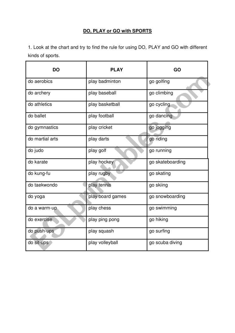 sports - do, play or go worksheet