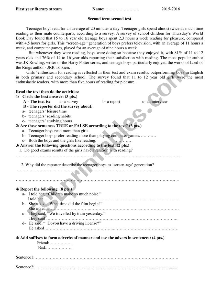 1st year test worksheet