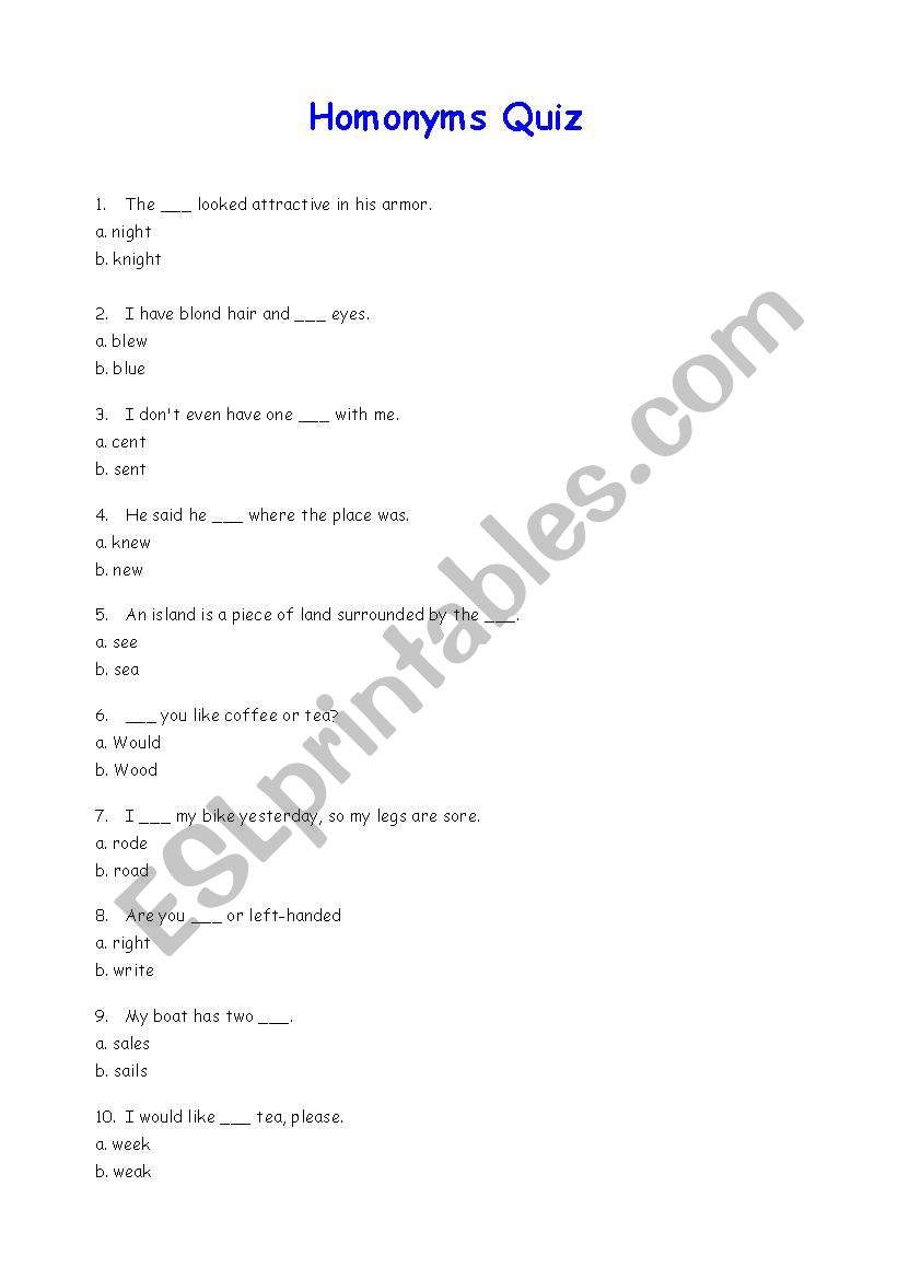 Homonyms worksheet