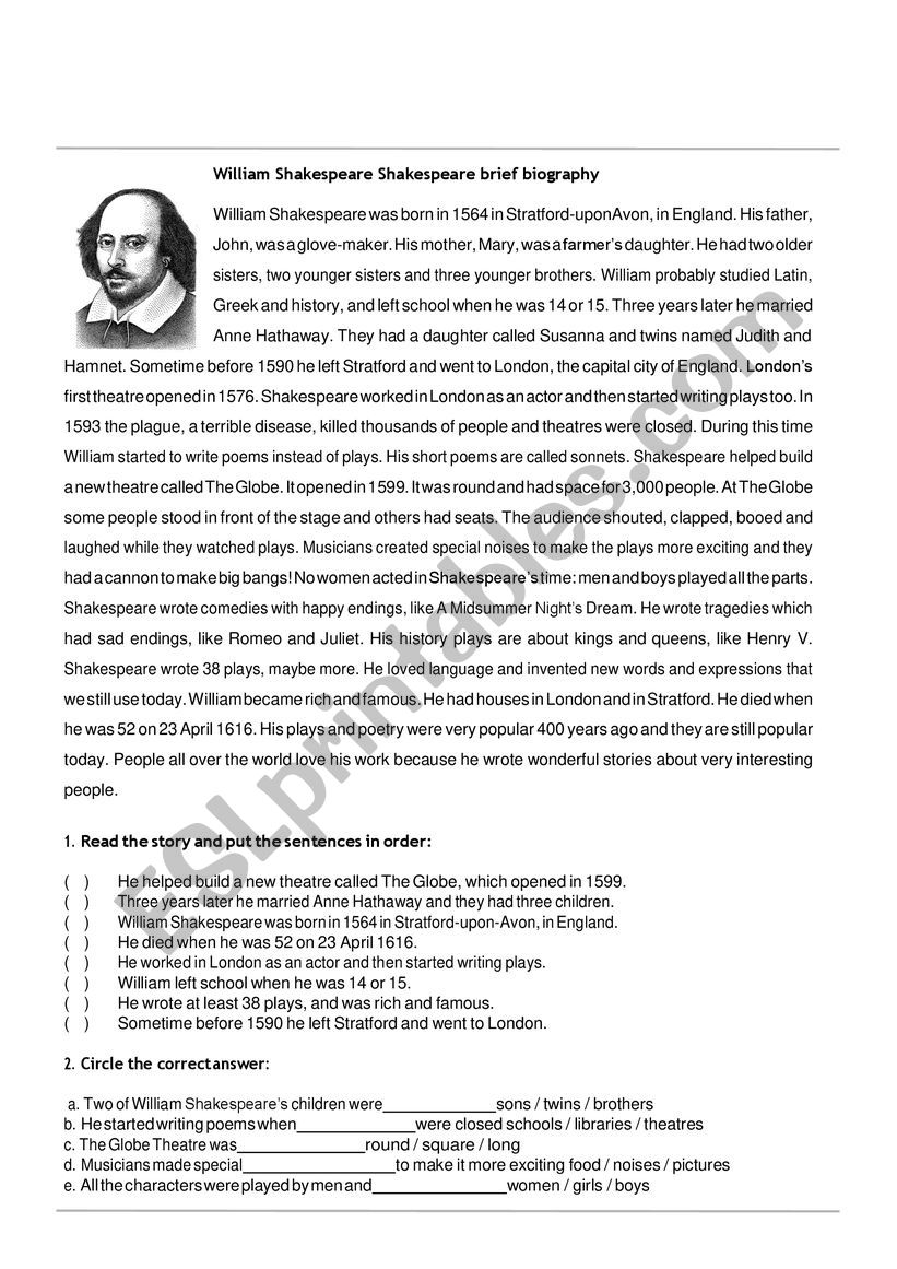 shakespeare biography worksheet