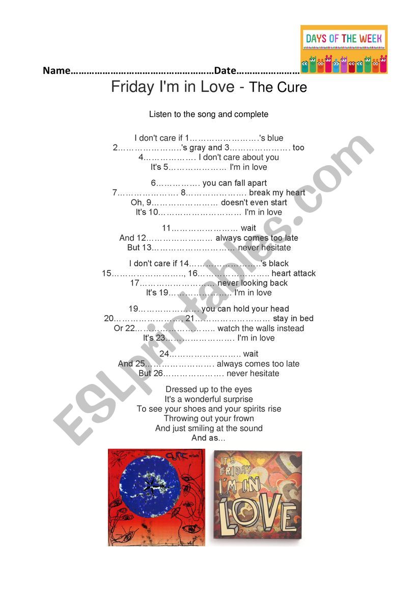 The Cure -Friday  Im in love worksheet